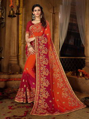 Оранжевое и красное индийское сари из креп-жоржета, украшенное вышивкой