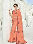 *Персиковое шифоновое лёгкое индийское сари, украшенное вышивкой