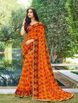 *Оранжевое современное индийское сари из креп-жоржета, украшенное печатным рисунком со стразами