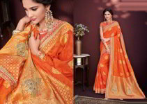 *Оранжевое шёлковое и жаккардовое оригинальное индийское сари, украшенное вышивкой со стразами