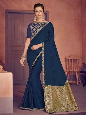 Синее жаккардовое и шёлковое индийское сари
