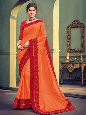 Оранжевое индийское сари из креп-жоржета, украшенное вышивкой со стразами