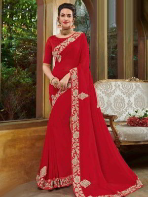 Красное индийское сари из креп-жоржета, украшенное вышивкой