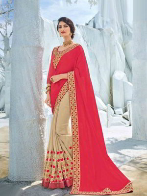 Двухцветное красивое индийское сари, украшенное вышивкой и стразами