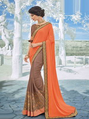 Двухцветное красивое индийское сари, украшенное вышивкой и стразами