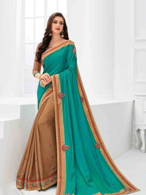 Зелёное и коричневое шифоновое и шёлковое индийское сари, украшенное вышивкой со стразами
