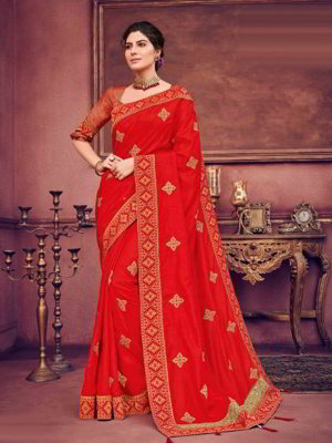 Шёлковое индийское сари, украшенное вышивкой со стразами, кусочками зеркалец