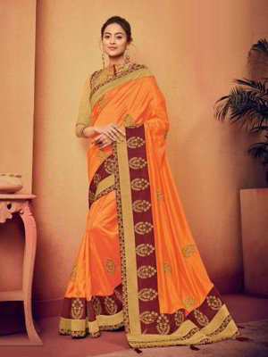 Оранжевое индийское сари из шёлка со стразами