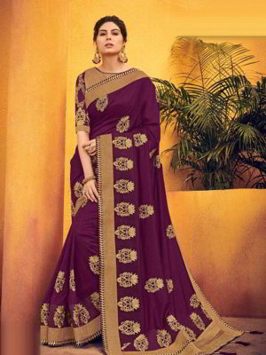 Фиолетовое индийское сари из шёлка со стразами