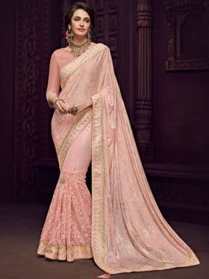 Розовое индийское сари, украшенное вышивкой со стразами, бусинками
