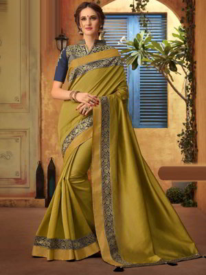 Оливковое индийское сари из хлопка с шёлком и жаккардовой ткани