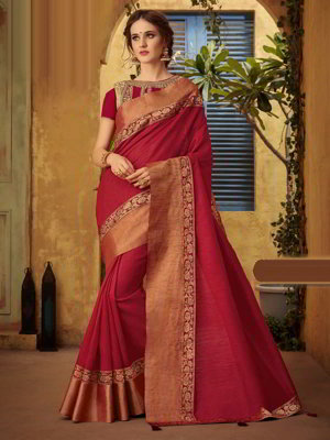 Красное хлопко-шёлковое и жаккардовое индийское сари