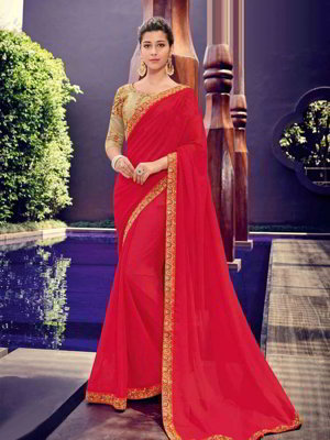 Красное индийское сари из шифона, украшенное печатным рисунком со стразами