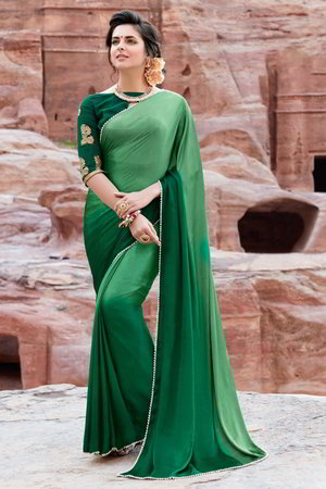 Зелёное индийское сари из шёлкового атласа