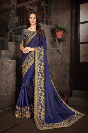 Фиолетовое индийское сари из дизайнерского шёлка, украшенное вышивкой