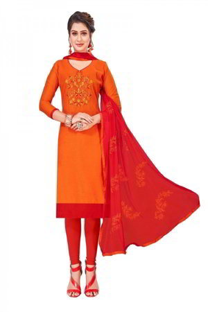 Оранжевое хлопковое и шёлковое платье / костюм, украшенное вышивкой