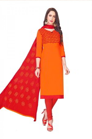 Оранжевое хлопковое и атласное платье / костюм, украшенное вышивкой