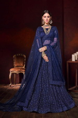 Синий индийский женский свадебный костюм лехенга (ленга) чоли из фатина, украшенный вышивкой