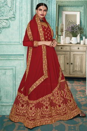 Красное длинное платье / анаркали / костюм из креп-жоржета, украшенное вышивкой