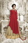 *Красное длинное вечернее нарядное платье / костюм / анаркали / костюм из шифона, шёлка и фатина, украшенное вышивкой