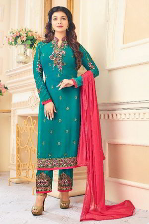 Сине-зелёное индийское платье / костюм из креп-жоржета, с длинными  рукавами, украшенное вышивкой
