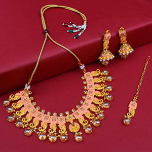 Розовое позолоченное индийское украшение на шею со стразами, перламутровыми бусинками