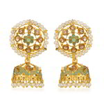 Позолоченные индийские серьги-колокольчики, зелёная эмаль, стразы, перламутровые бусинки