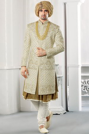 Белый индийский свадебный мужской костюм / шервани из хлопка с шёлком и блестящей ткани, украшенный скрученной шёлковой нитью с бисером, перламутровыми бусинками