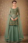 Зелёный женский индийский костюм лехенга (ленга) чоли из фатина, украшенный вышивкой c люрексом с пайетками