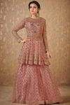Розовый женский индийский костюм лехенга (ленга) чоли из фатина, украшенный вышивкой c люрексом с пайетками