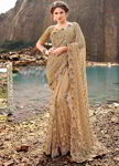 Бежевое вечернее индийское сари, украшенное вышивкой