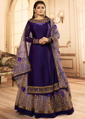Фиолетовый индийский женский свадебный костюм лехенга (ленга) чоли из креп-жоржета и фатина, украшенный вышивкой