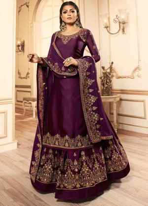 Пурпурный индийский женский свадебный костюм лехенга (ленга) чоли из креп-жоржета и атласа, украшенный вышивкой