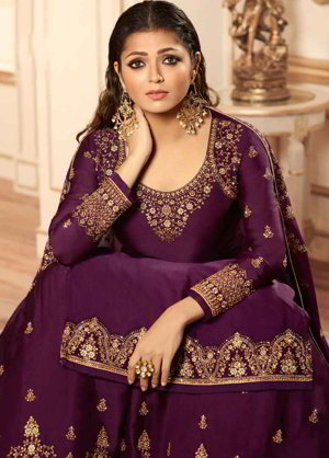 Пурпурный индийский женский свадебный костюм лехенга (ленга) чоли из креп-жоржета и атласа, украшенный вышивкой