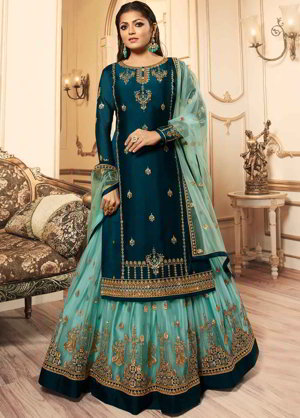 Синий индийский женский свадебный костюм лехенга (ленга) чоли из креп-жоржета, атласа и фатина, украшенный вышивкой