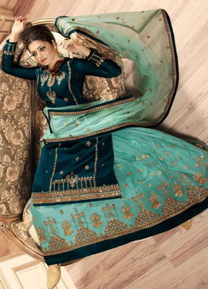 Синий индийский женский свадебный костюм лехенга (ленга) чоли из креп-жоржета, атласа и фатина, украшенный вышивкой