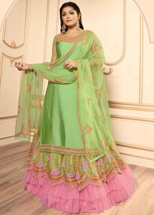 Зелёный индийский женский свадебный костюм лехенга (ленга) чоли из креп-жоржета, атласа и фатина, украшенный вышивкой