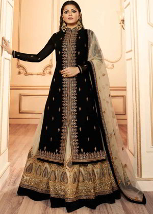 Чёрный индийский женский свадебный костюм лехенга (ленга) чоли из креп-жоржета, атласа и фатина, украшенный вышивкой