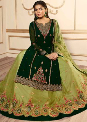 Тёмно-зелёный индийский женский свадебный костюм лехенга (ленга) чоли из креп-жоржета, атласа и фатина, украшенный вышивкой