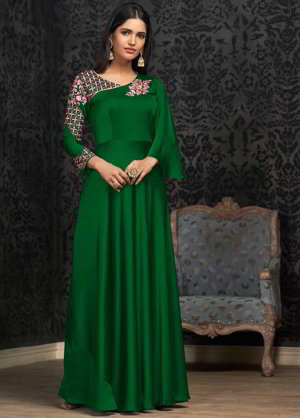 Зелёное платье в пол / костюм из креп-жоржета и хлопка, украшенное вышивкой