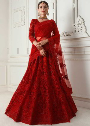 Красный индийский женский свадебный костюм лехенга (ленга) чоли из фатина, украшенный вышивкой