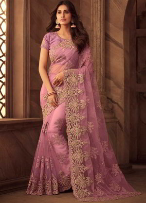 Розовое индийское сари из фатина, украшенное вышивкой