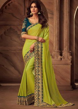 Цвета зелёного лайма шёлковое индийское сари, украшенное вышивкой