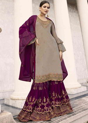 Фиолетовое и бежевое платье / костюм из креп-жоржета и атласа, украшенное вышивкой