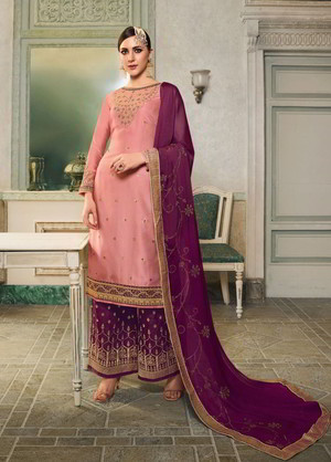 Пурпурное и розовое платье / костюм из шёлкового атласа и жаккардовой ткани, украшенное вышивкой со стразами