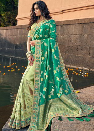 Двухцветное нарядное индийское сари, украшенное вышивкой с люрексом