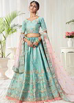 *Синий шёлковый индийский женский свадебный костюм лехенга (ленга) чоли, украшенный вышивкой шёлковыми нитями
