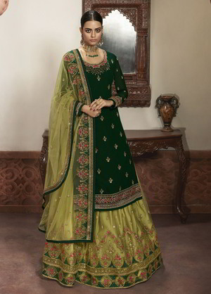 Зелёный индийский женский свадебный костюм лехенга (ленга) чоли из фатина, украшенный вышивкой