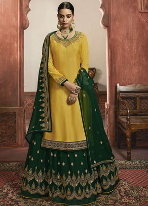 Жёлтый и зелёный индийский женский свадебный костюм лехенга (ленга) чоли из креп-жоржета, украшенный вышивкой