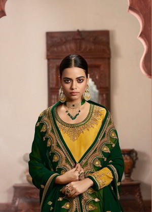 Жёлтый и зелёный индийский женский свадебный костюм лехенга (ленга) чоли из креп-жоржета, украшенный вышивкой
